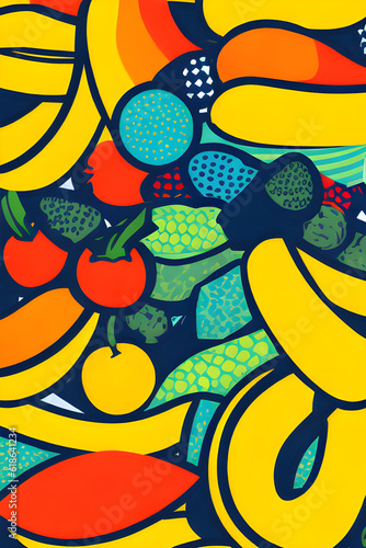 Abstract Seamless Pattern Cartoon background with ripe bananas and other fruits for fruity fresh diet choice