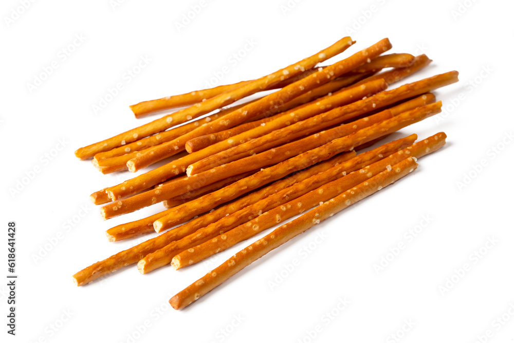 Stick cracker, pretzel, on white background. Crunchy salted pretzel sticks isolated.