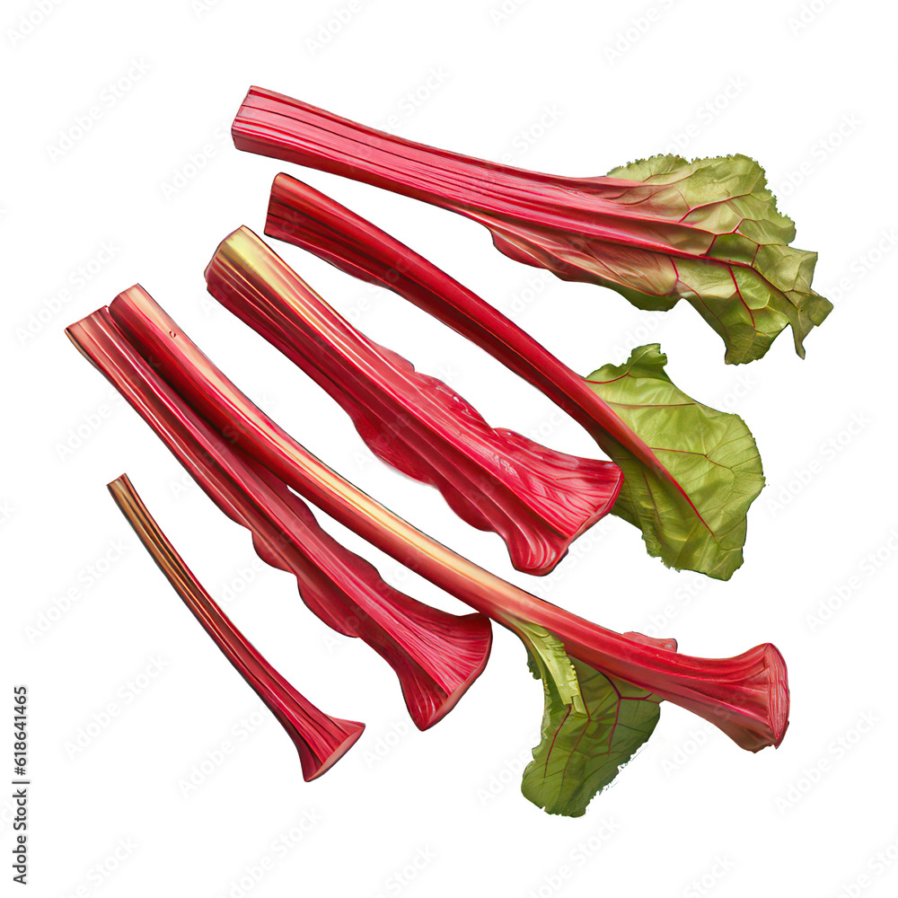 Red rhubarb stems cuts isolated on white created with Generative AI