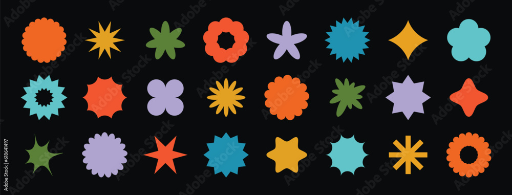 Set of abstract retro geometric shapes vector. Collection of contemporary figure, sparkle, flower in 70s groovy style. Bauhaus Memphis design element perfect for banner, prints, stickers, decor Set of abstract retro geometric shapes vector. Collection of contemporary figure, sparkle, flower in 70s groovy style. Bauhaus Memphis design element perfect for banner, prints, stickers, decor