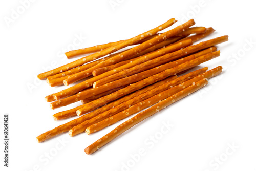 Stick cracker, pretzel, on white background. Crunchy salted pretzel sticks isolated.