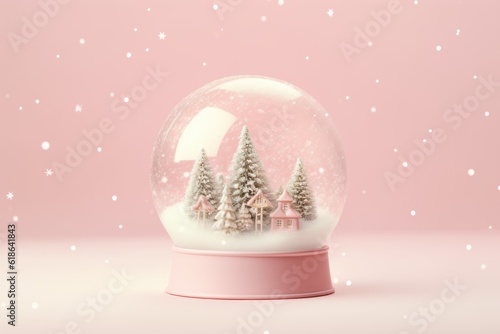 Minimal christmac snow globe on pink background
