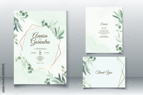 Elegant wedding invitation card with beautiful eucalyptus leaves template Premium Vector