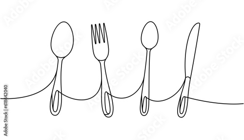 Kitchen utensils one line continuous drawing. Kitchen spoon, knife, fork continuous one line illustration.