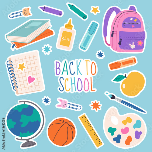 Set of school supplies and education stickers isolated on blue background. Back to school. Suitable for prints, cards, paper crafts, scrapbooking.