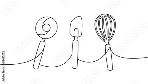 Kitchen utensils one line continuous drawing. Wheel pizza cutter, confectionery spatula, cooking whisk continuous one line illustration.