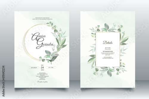 Elegant wedding invitation card with beautiful eucalyptus leaves template Premium Vector