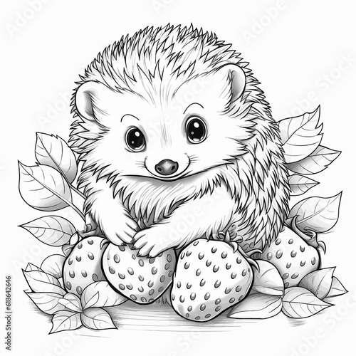 Coloring page outline of cartoon hedgehog with strawberry. coloring book for kids.