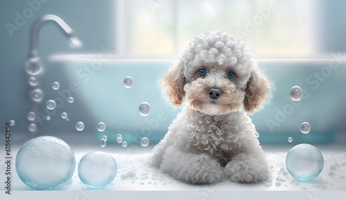 Cute Maltipoo puppy in bathtub with foam and soap bubbles. pets grooming and cleaning concept. Generative AI.  photo