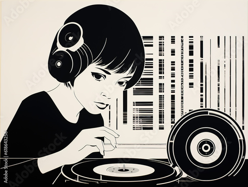 DJ working the turntable, Music, Op Art, Noir, illustration