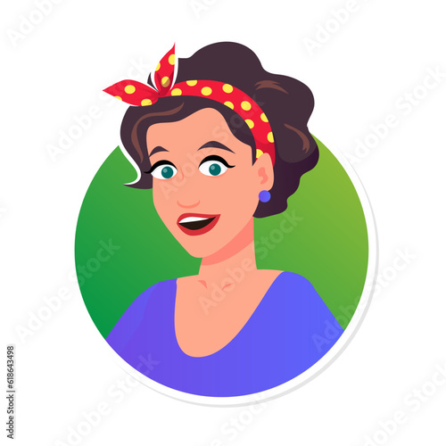Pop art housewife or super mom avatar in retro vintage style with red polka dot headband on green background. For social networks, blogs, avatars, labels for household cleaning chemicals and packaging