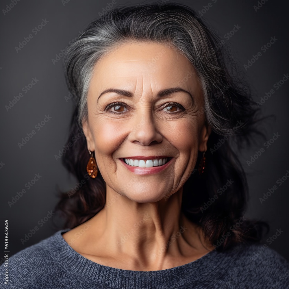 Portrait of smiling senior woman looking at camera on a dark background. Portrait of a happy senior woman with beautiful smile. Smiling elderly woman looking at the camera with a friendly smile Portrait of smiling senior woman looking at camera on a dark background. Portrait of a happy senior woman with beautiful smile. Smiling elderly woman looking at the camera with a friendly smile