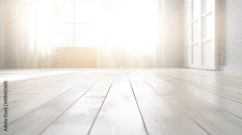 Minimalistic White Wooden Floor, Blurred Sunny Window. Bright Warm Tones, Mock Up.