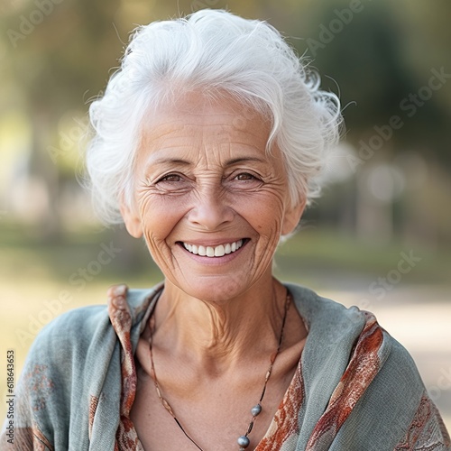 Portrait of a smiling senior woman in the park on a sunny day. Portrait of happy senior woman smiling at camera in park on a sunny day. Closeup face of a Mature caucasian woman with grey hair.