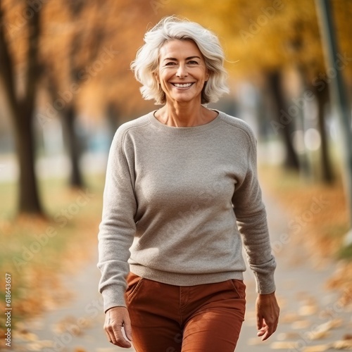 Portrait of a happy senior woman walking in the park in autumn. Active Mature Caucasian woman  with grey hair in the park. Portrait of a smiling senior woman in the park on a sunny day. 