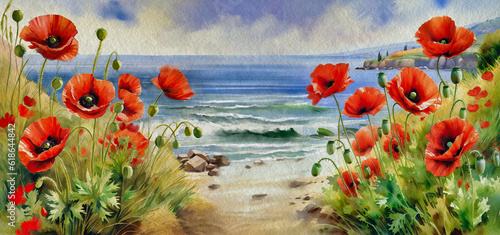 Watercolor paintings landscape. Beautiful landscape with flowers on the background of the sea, poppies, fine art, artwork, flowers on the beach photo