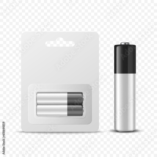Vector 3d Realistic Two Alkaline Black and White Battery in Paper Blister and Battery Icon Closeup Set Isolated. AA Size, Horizontal Position. Design Template for Branding, Mockup