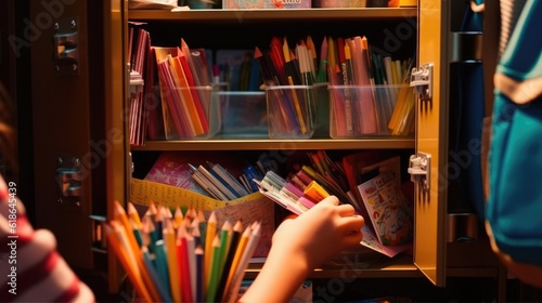 art school supplies, organizing the cabinet the backpack colors, crayons and other pencils
