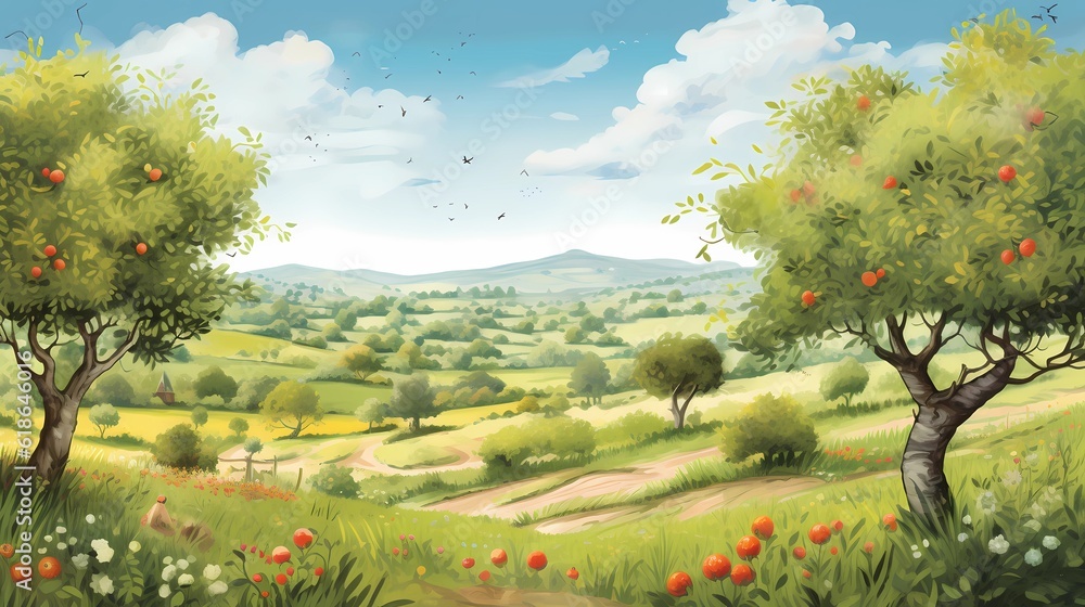 Beautiful Green Orchard with Clear Sky. Realistic Drawing. Concept Art Scenery. Book Illustration Video Game Scene. Serious Digital Painting. CG Artwork Background. Generative AI.
Beautiful Green Orchard with Clear Sky. Realistic Drawing. Concept Art Scenery. Book Illustration Video Game Scene. Serious Digital Painting. CG Artwork Background. Generative AI.