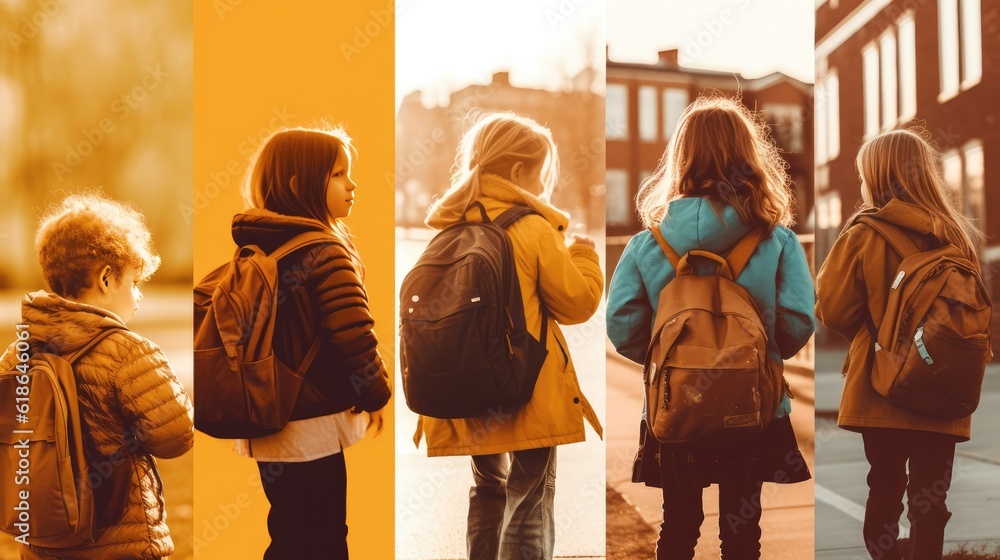 student girl ready to go to school, at sunset, yellow school bus, girl with large backpack mexico latin america