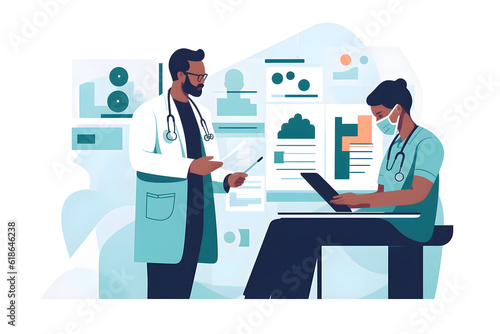  Flat vector illustration doctors nurse and teamwork on tablet for hospital management data report and black people support clinic results research and data analysis of professional healthcare worker 