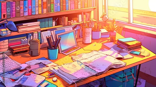 desk of a student, with his books, pencils, school supplies, leaving the desk for the sunset, going outside