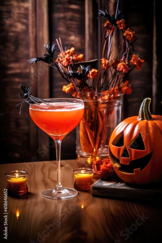 halloween themed cocktail with spooky decorations, created with generative AI