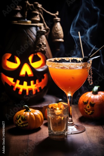 halloween themed cocktail with spooky decorations, created with generative AI