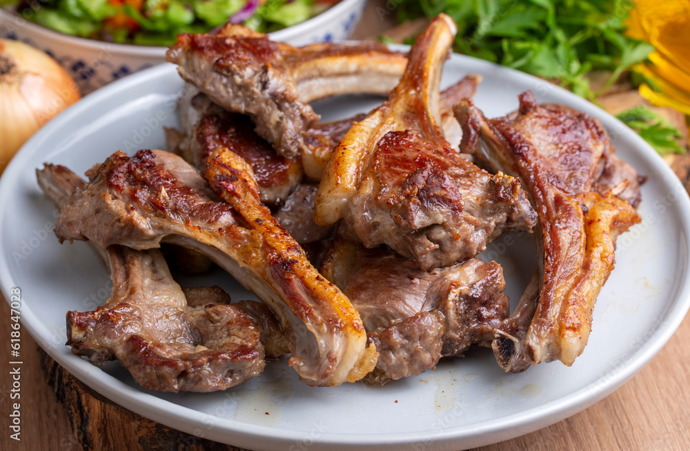 Grilled lamb chops in delicious view, Turkish name; kuzu pirzola Grilled lamb chops in delicious view, Turkish name; kuzu pirzola