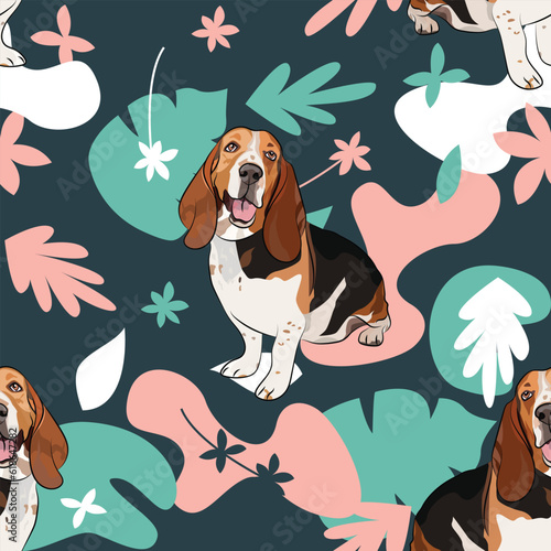 Basset hound dog wallpaper with leaves, palms, flowers, plants. Pastel navy, floral repeatable pattern. Holiday abstract natural shapes. Seamless floral background with dogs. Birthday wallpaper.