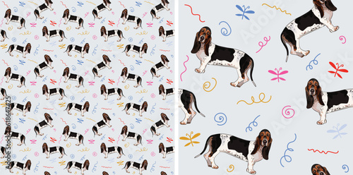 Seamless dog pattern, holiday texture. light background, colorful abstract elements. Packaging, textile, textile, fabric, decoration, wrapping paper. Hand-drawn basset hound breed wallpaper. Funny set