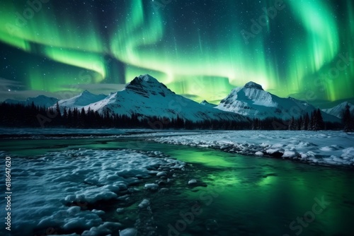 Northern Lights illuminating the night sky over Alaska, capturing the mystical and captivating beauty of this natural phenomenon. Generative AI
