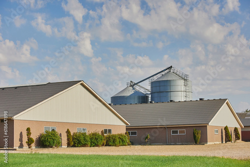 Modern pig farm in Denmark. Rural landscape