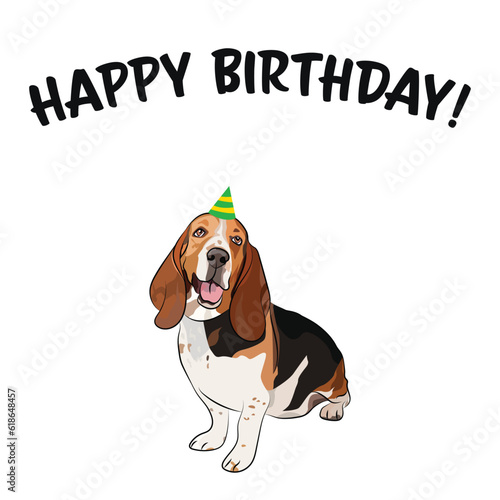 Happy birthday card with dog, holiday design. Present for a dog lover. Funny cartoon dog breed illustration.  Minimalistic white card. Fun Basset hound dog in hat character party postcard. Purebred.