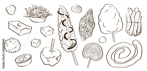 Set de ilustraciones dibujadas a mano de comida típica de fiestas patronales salvadoreñas. Vector