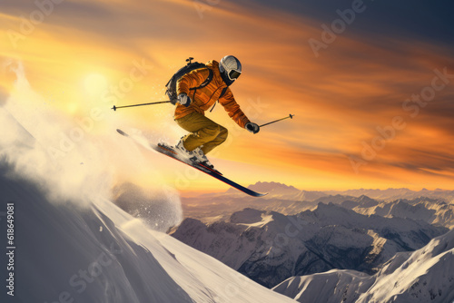 free skier jumping from the top of the mountain at sunrise - freedom - extreme sport - generative ai