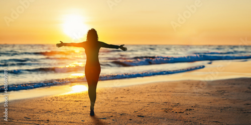 Happy girl standing on the beach with open arms watching the sunset. Generative AI