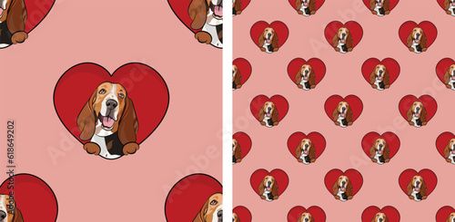 Pattern with Basset hound dog with paws, Valentine's day wallpaper with hearts. Pet head holiday love texture. Dog face holding Heart, cartoon square background. St Valentine's day present, card.