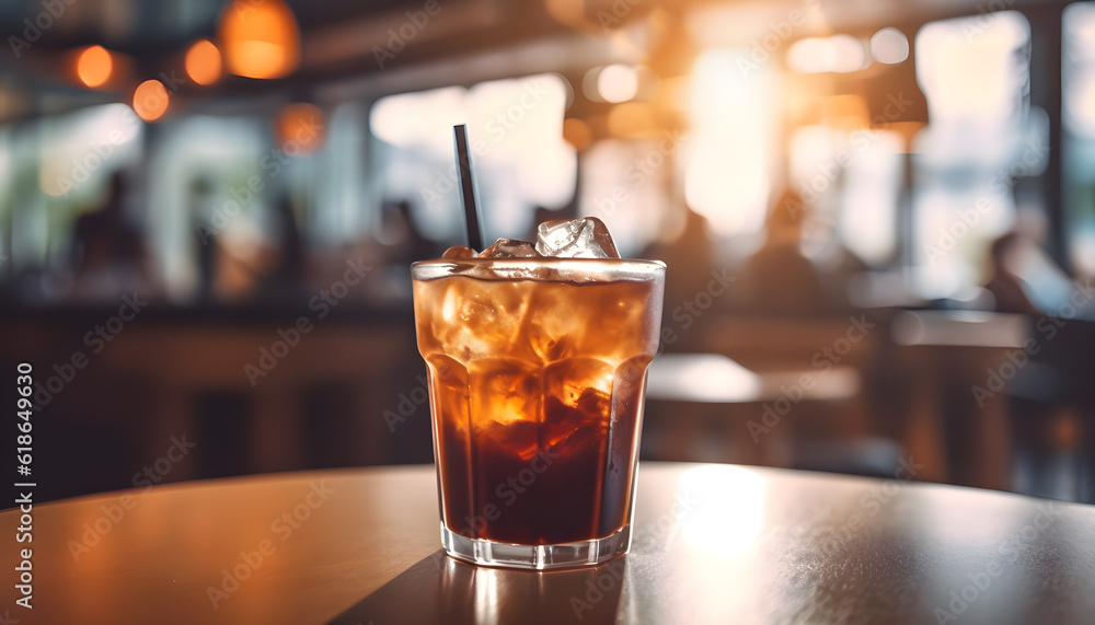 Glass of iced americano on wooden table in coffee shop. Generative ai Glass of iced americano on wooden table in coffee shop. Generative ai