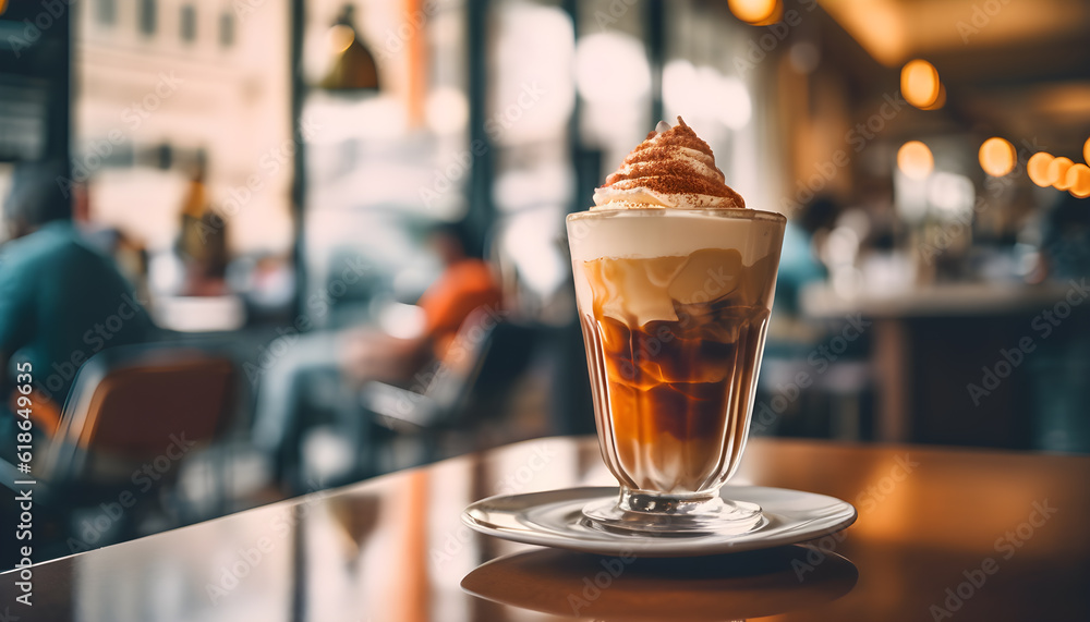 Iced coffee with whipped cream in glass on table in coffee shop. Generative ai Iced coffee with whipped cream in glass on table in coffee shop. Generative ai