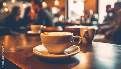 Latte art coffee on wooden table in coffee shop. Generative ai