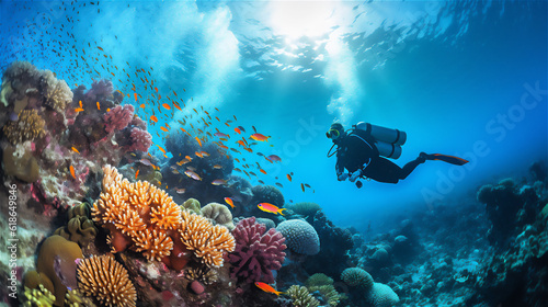Fotografia Scuba Diving in Tropical Ocean Coral Reef sea under water, scuba diver, Caribbean, Fiji, Maldives, snorkel, marine life, aquatic, aqua blue, dive, travel, tourism