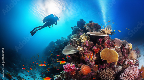 Scuba Diving in Tropical Ocean Coral Reef sea under water, scuba diver, Caribbean, Fiji, Maldives, snorkel, marine life, aquatic, aqua blue, dive, travel, tourism. Ai generative