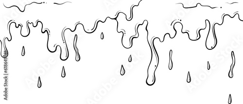 Dripping outline border liquid, wax, honey, slime, paint. Melted chocolate or oil. Vector illustration in hand drawn sketch doodle style. Black line art graphics isolated on white
