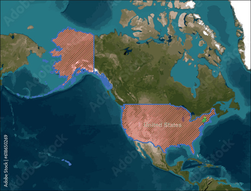 A global map shows the country and regions of the United States. The nation, which is located in North America, is renowned for its vast territories in the North Hemisphere. It has temperate climate.