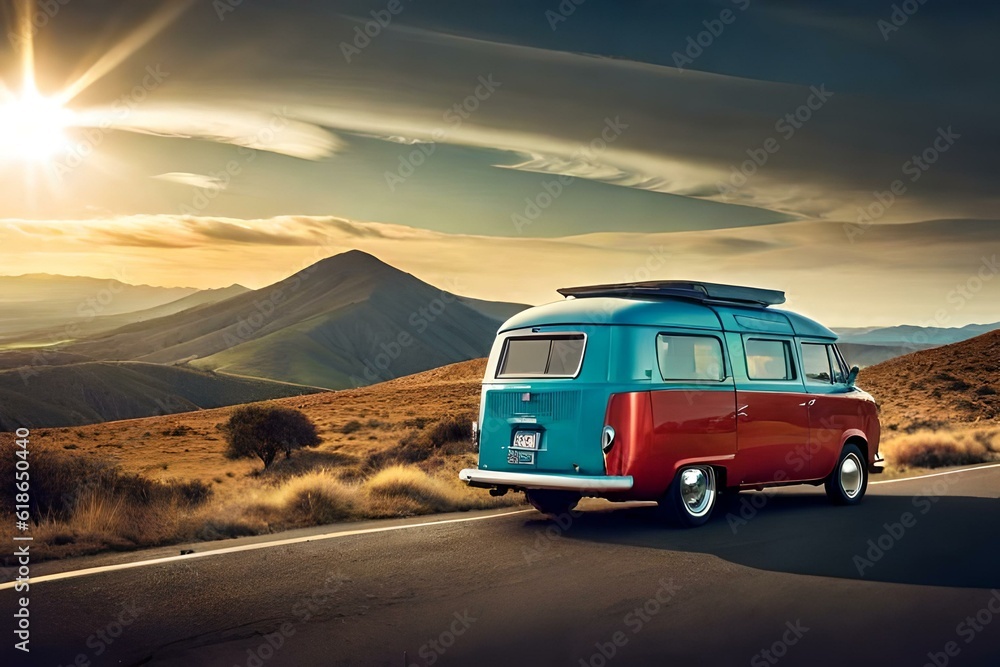 Vintage camping truck blue red on mountains - Generative AI