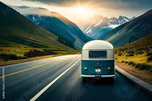 Camping van moving towards mountains - Generative AI