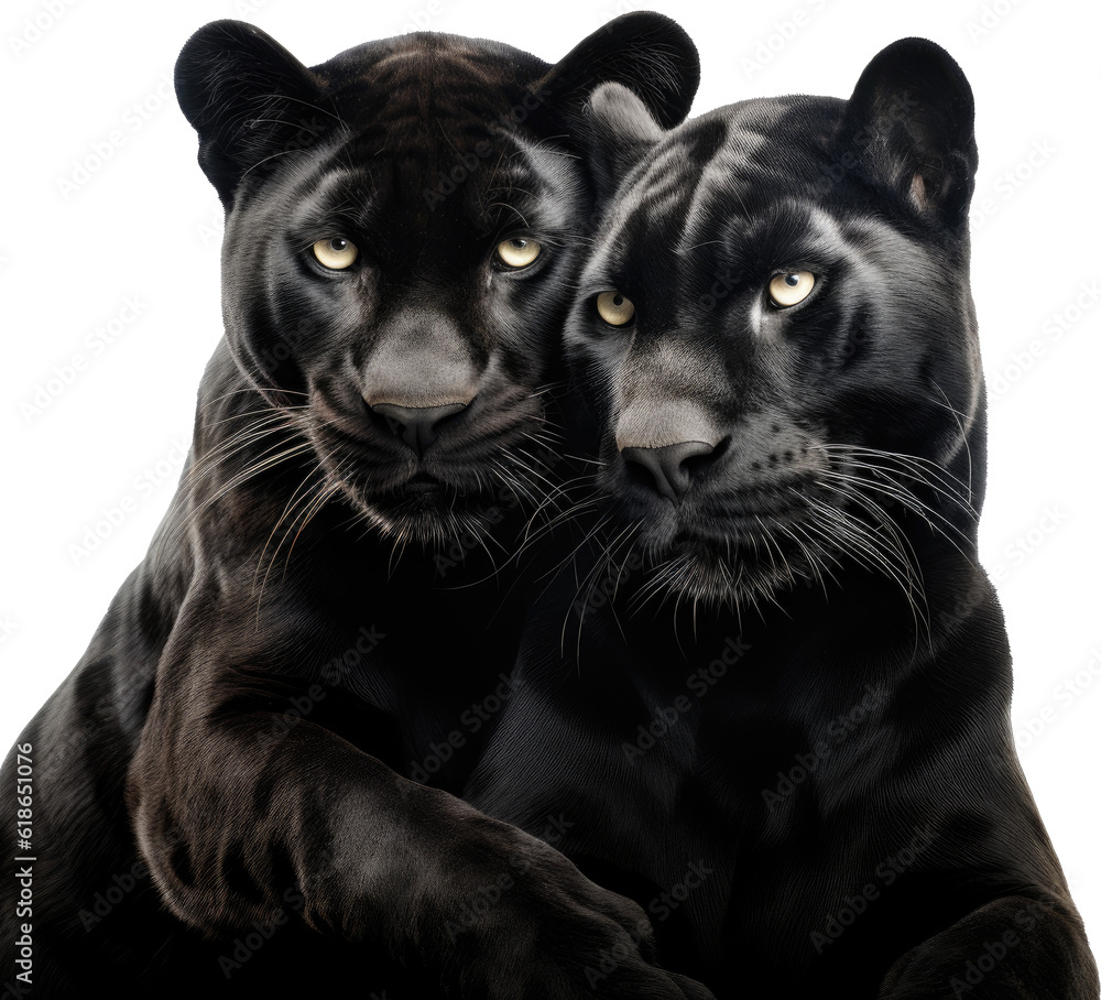 Two black panther cuddeling and hugging each other isolated on white background as transparent PNG, generative AI animal