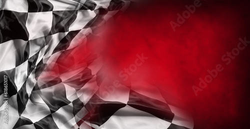Checkered black and white flag on red background