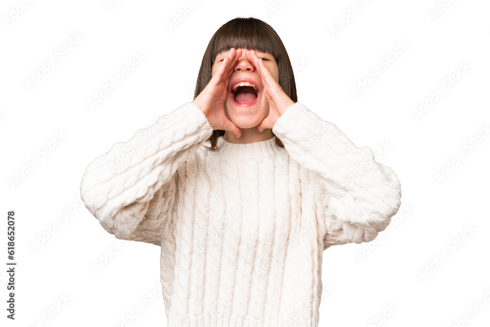 Little caucasian girl over isolated background shouting and announcing something Little caucasian girl over isolated background shouting and announcing something
